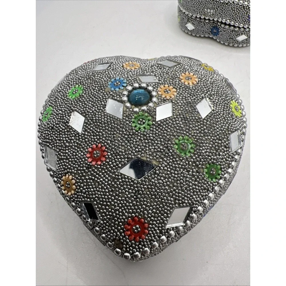 Nesting Trinket‎ boxes (3) Heart, Mirrored & beaded -New Old Stock